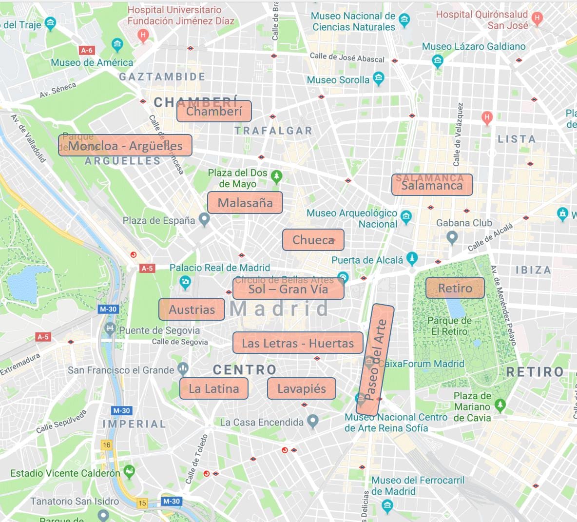 karta Madrid Španjolska četvrtine